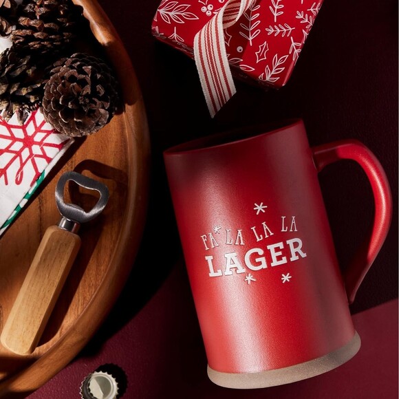 Demdaco Christmas Beer Stein Mug Red Stoneware Fa La La La Lager  32oz  7" NWT - Picture 2 of 4